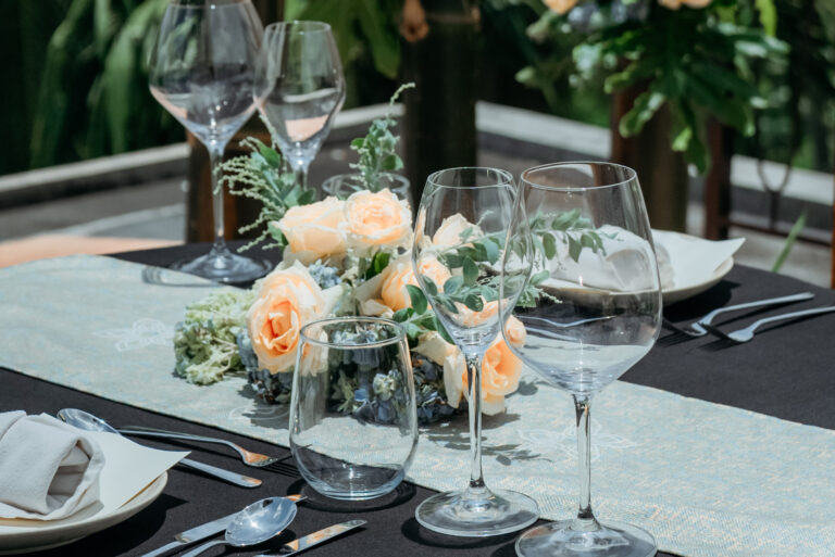 Glasses on the table during a wedding event.