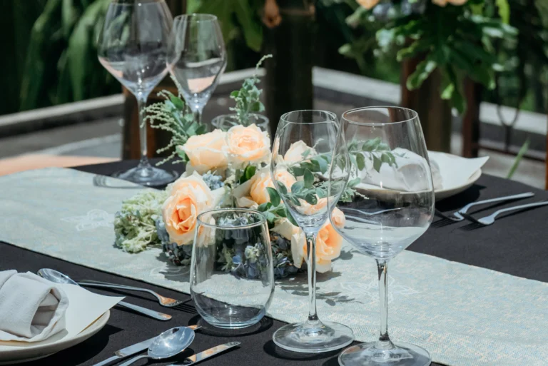Glasses on the table during a wedding event.