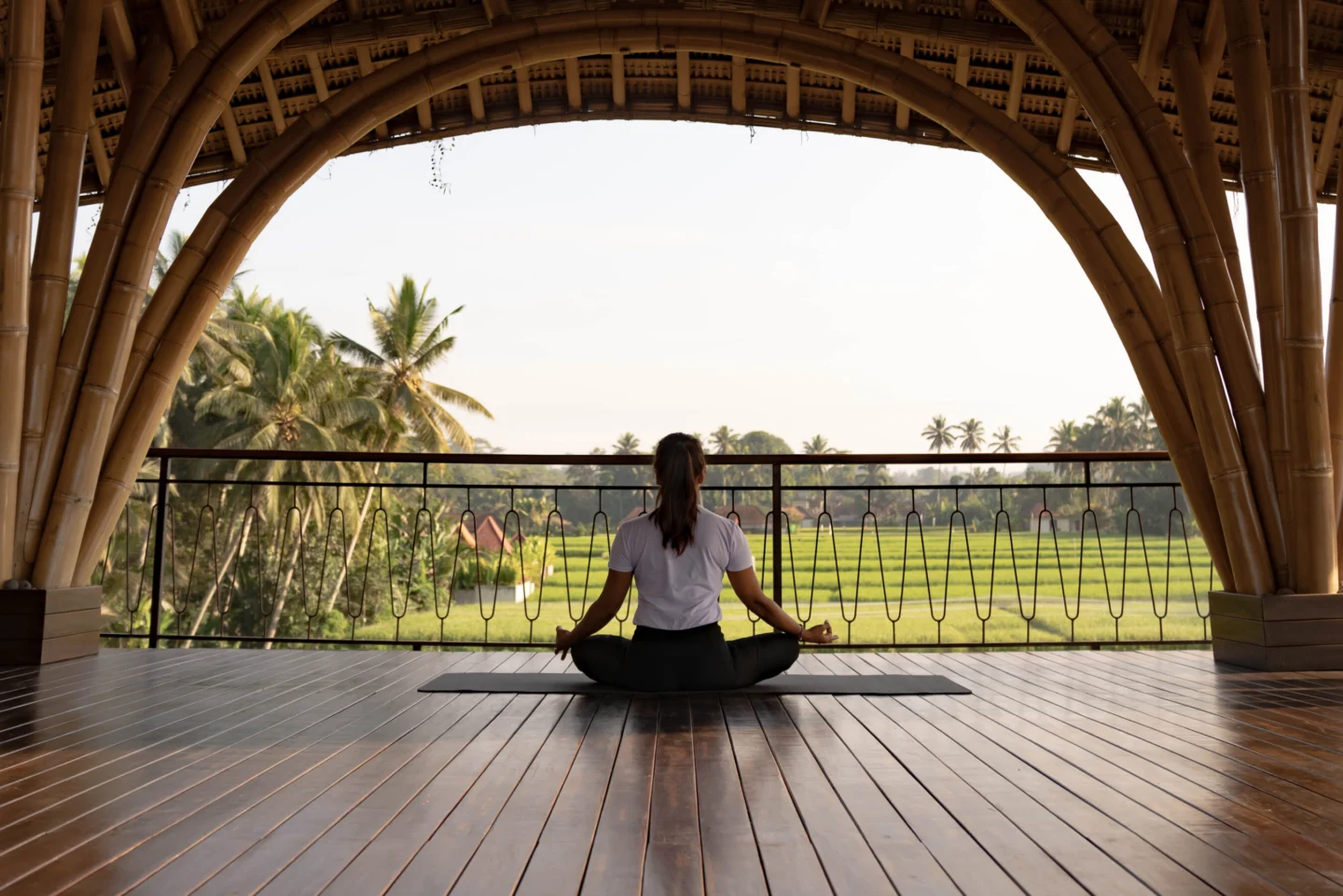 Yoga with a view of the rice fields.