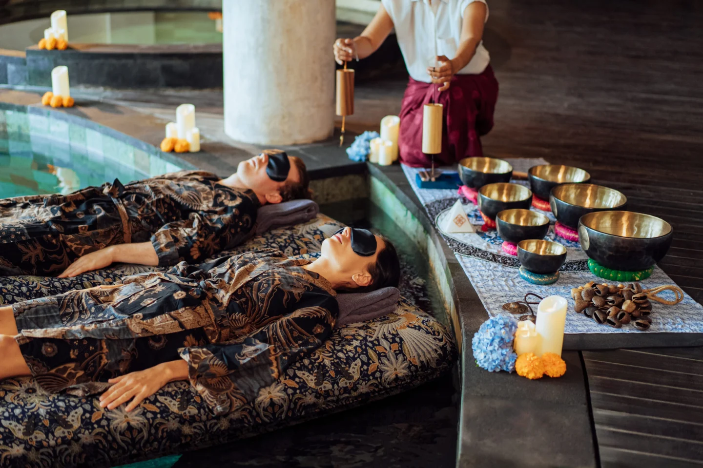A couple relax at spa