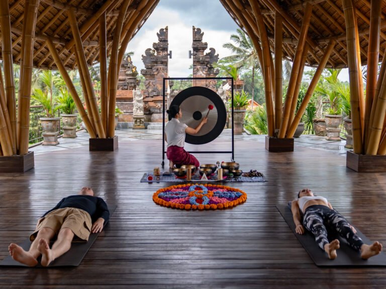 Two person relaxing gong bath ceremony at Abisena Ubud